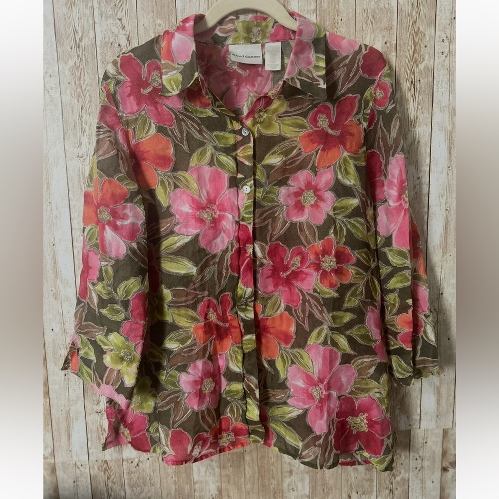 VTG Alfred Dunner size 12 semi sheer floral hibiscus Hawaiian button up blouse
